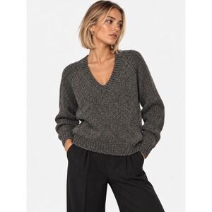 Nordstrom Gray Gold Metallic Alpaca Blend V-Neck Chunky Knit Sweater S NWT New